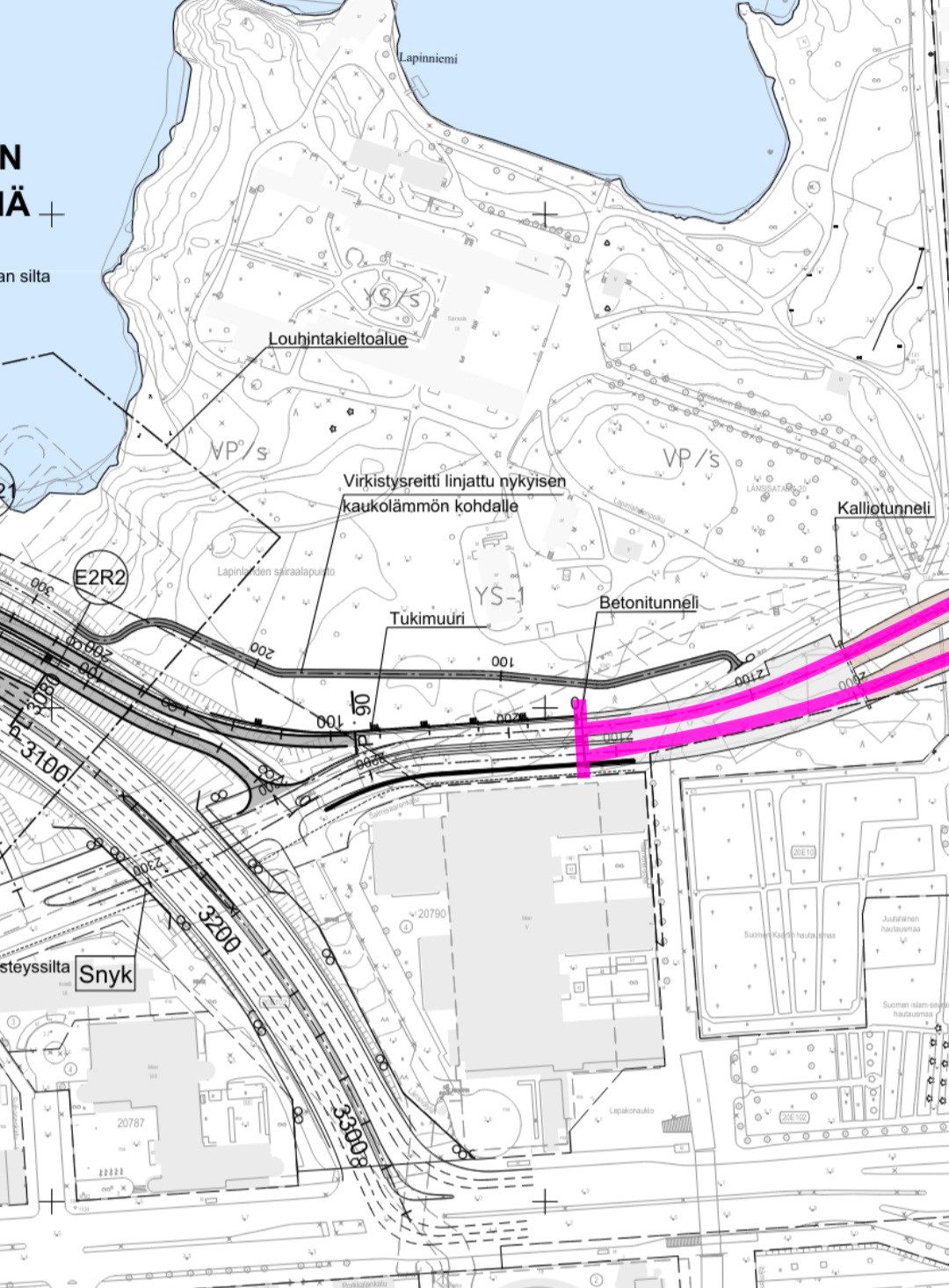 Kaava suunnitelmasta A. Tunnelin ja sen suuaukon rakentaminen lohkaisee huomattavan palan Lapinlahden sairaalan puiston eteläosaa.