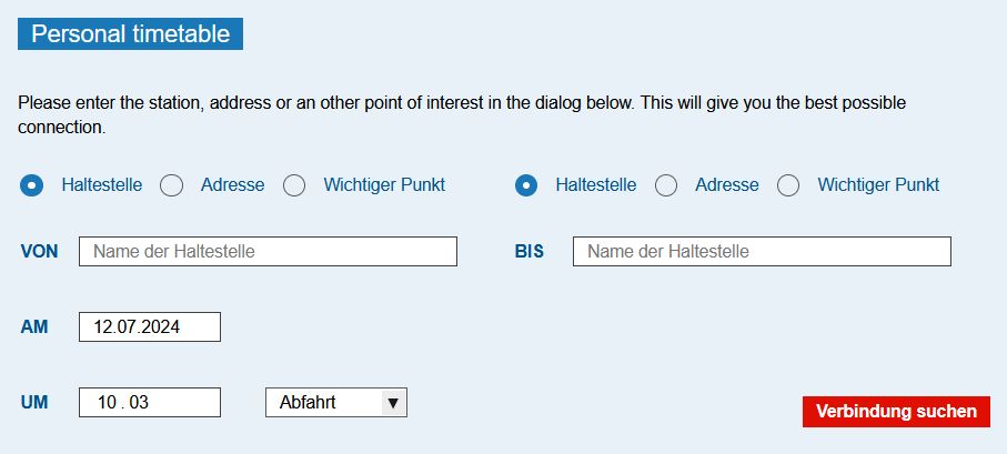 Aikatauluhaku on otsikon 'Personal timetable' alla. Tarkistin lukemisjärjestyksen. Sen alla on ensin valikko (radio-painikkeet), haku lähtöpaikalle, sitten valikko (radio-painikkeet) saapumispaikalle. Tämän jälkeen on lähtöpäivämäärä ja saapumisaika. Tämä jälkeen pudotusvalikosta voi valita perilläoloajan. Viimeisenä yhteyden etsimispainike punaisella taustalla.