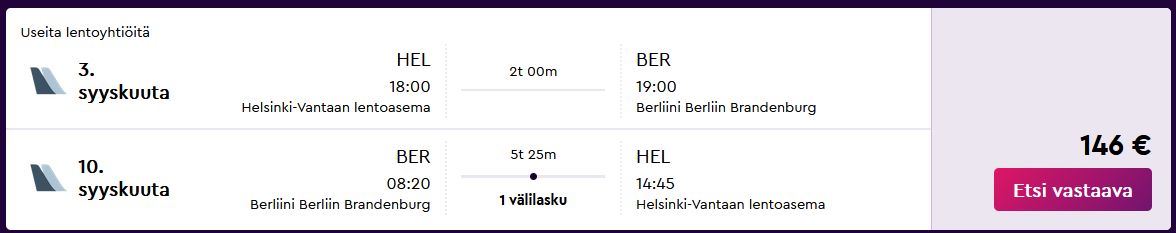 Kuvakaappaus Momondosta. 3.9. lähtö klo 18 ja saapuminen Berliiniin klo 19. Paluulento 10.9. Berliinistä klo 8:20 ja yhdellä välilaskulla Helsinkiin klo 14:45. Hinta 146 euroa.