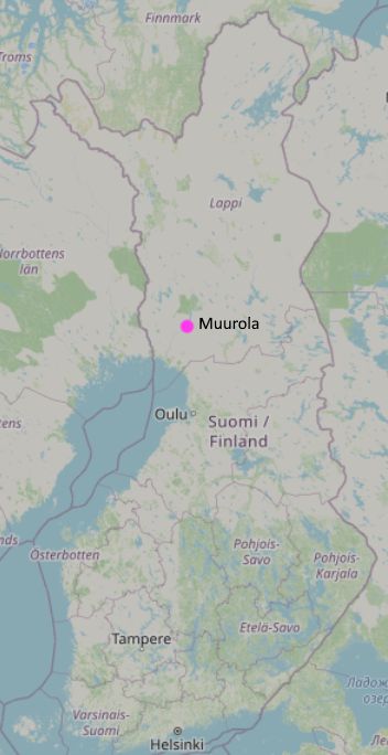 Openstreetmapin kuvakaappaus Suomen kartasta. Muurola on noin 600 km Helsingistä pohjoiseen. Muurola merkitty kirkkaanvioletilla ympyrällä.